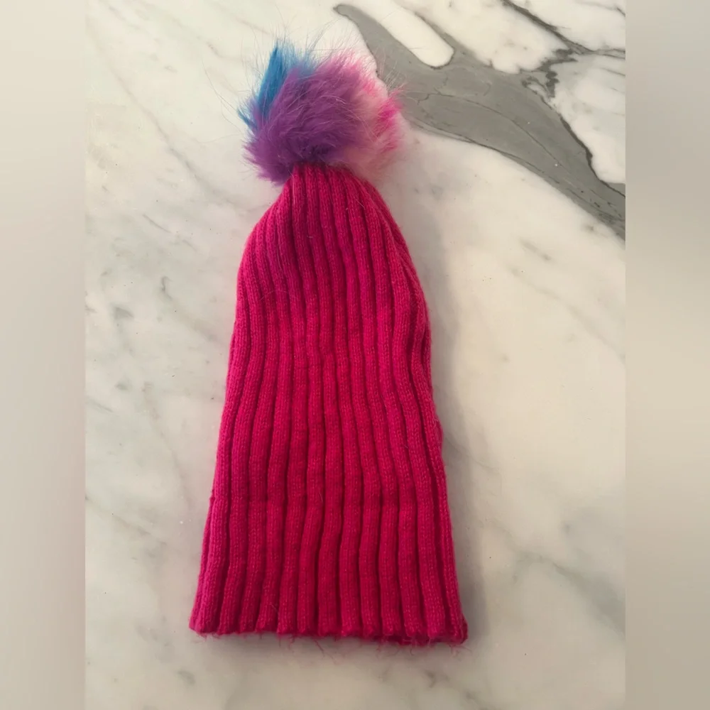 Bari Lynn Hot Pink Knit Beanie Hat with Rainbow Faux Fur Pom One Size Winter EUC